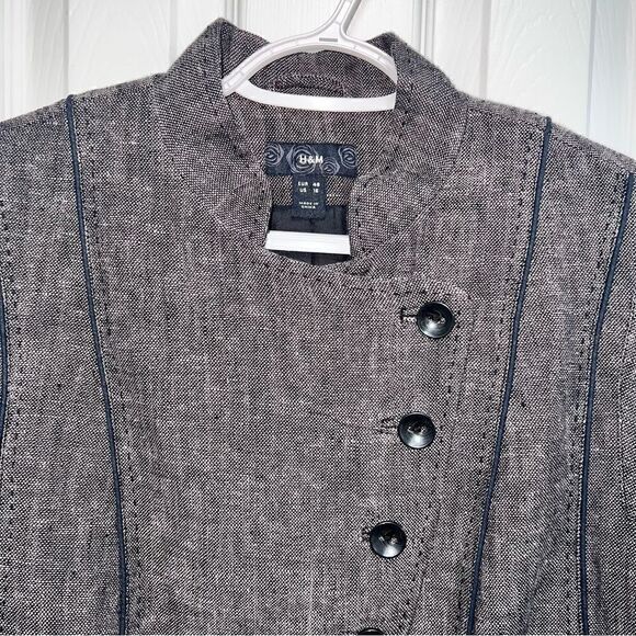 H&M Grey Fully Lined Linen Jacket with black piping and front pockets sz16 - Picture 4 of 12
